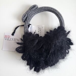 Red Valentino Alpaca/Angora Hair Wool Earmuffs Side Bow Headband Black/Grey NWT